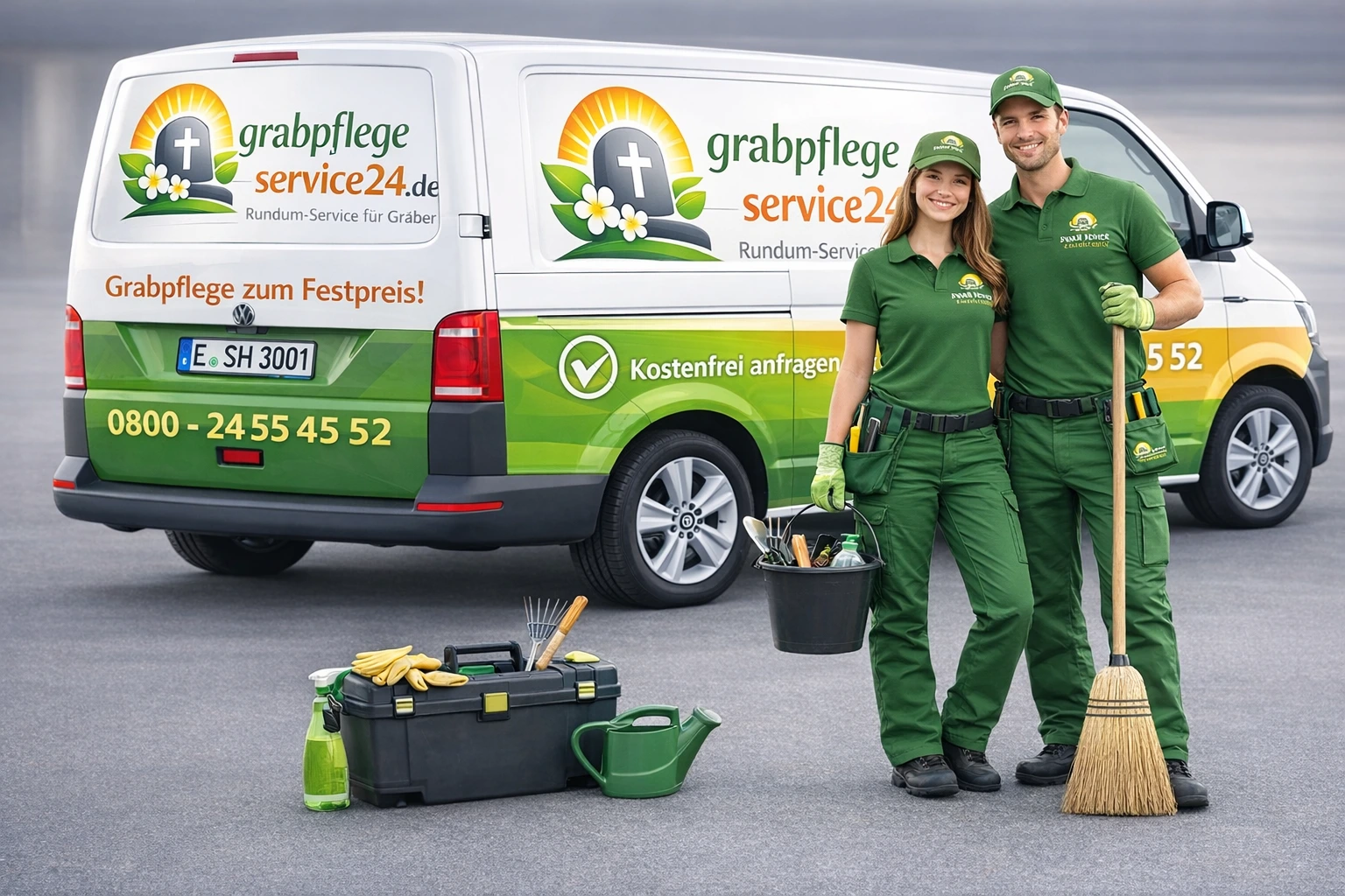 Grabpflegeservice24 Firmenwagen - VW Transporter mit Firmenlogo für professionelle Grabpflege deutschlandweit